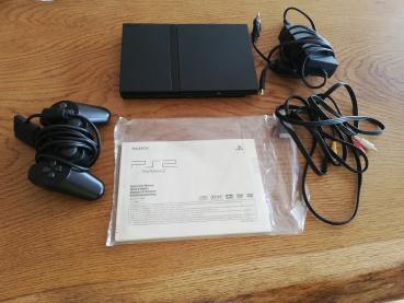 Playstation 2 Slim Konsole Schwarz Set mit allen Kabeln, Anleitung und einem Controller